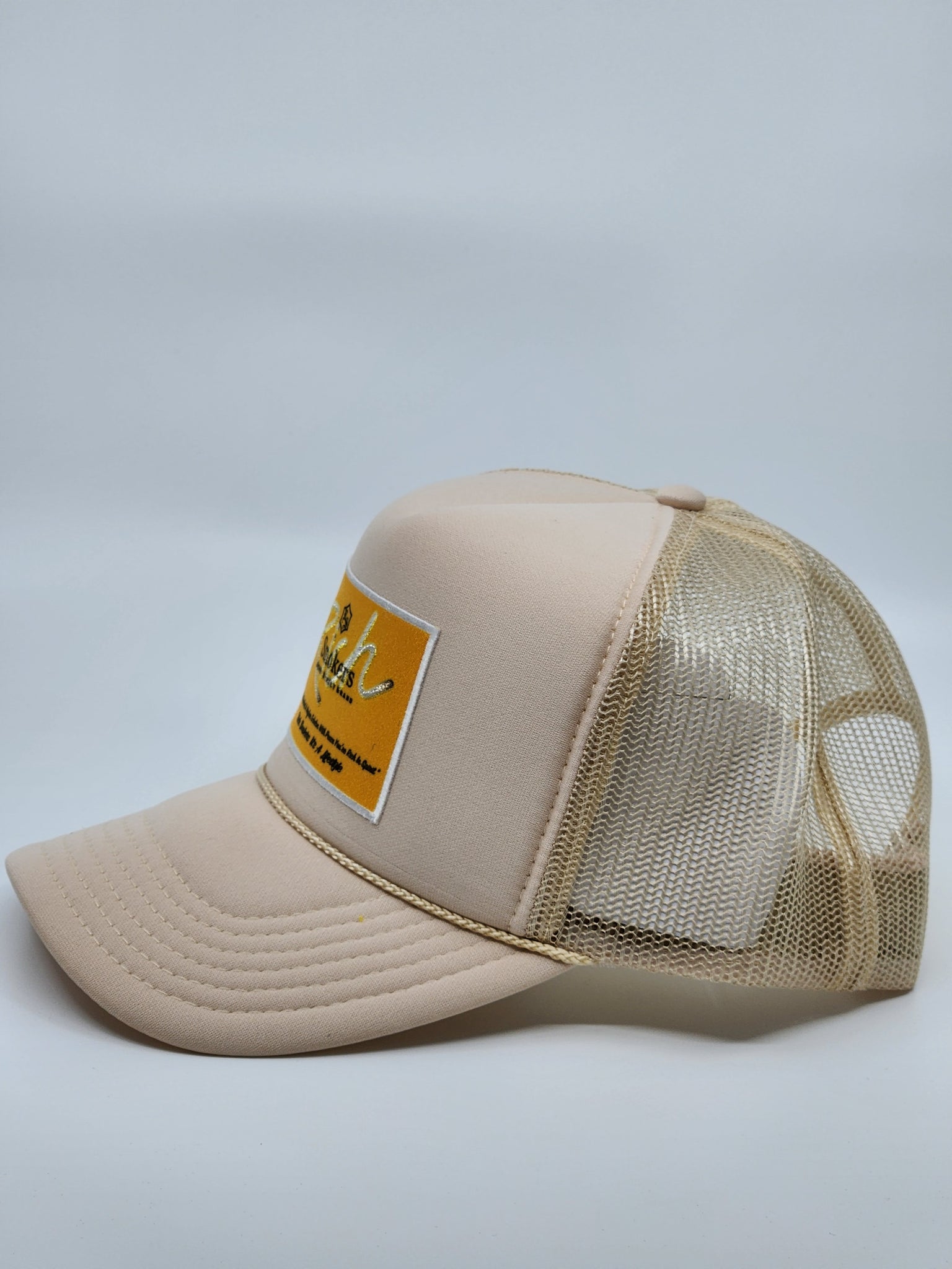 Bone Tan with Gold Patch - 5 Panel High Crown RS Trucker Hat – Rich Smokers